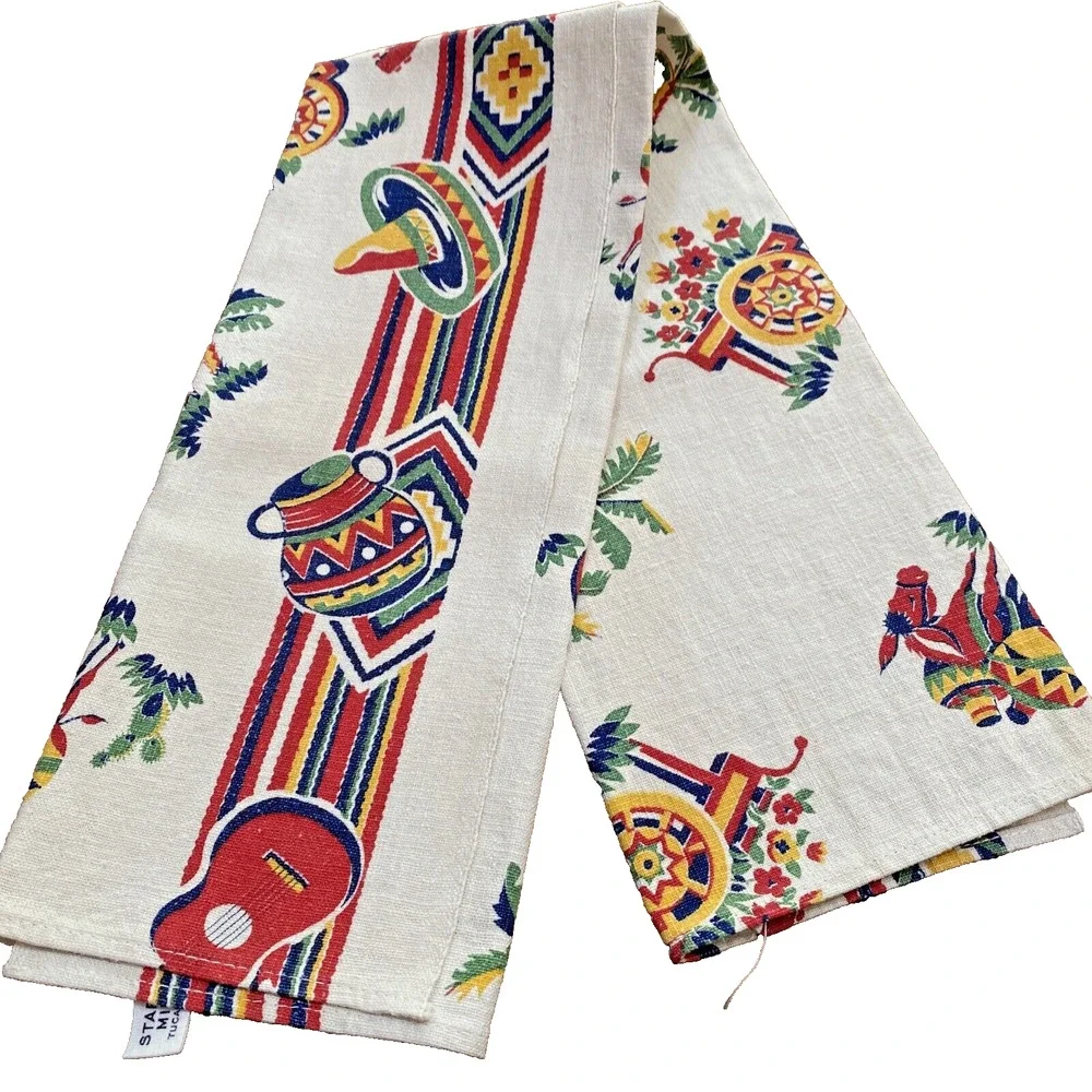 Vintage Startex Mills Cotton Linen Tea Towel Beige Red Blue Southwestern Print